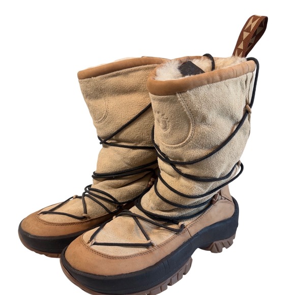 Ulu Shoes - ULU Waterproof Suede Winter Boots Cane Tan Shearling Lace Up Women's Size 7